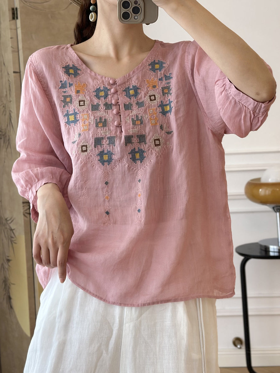 CD | Doamnelor vară etnică broderie Ramie Shirt