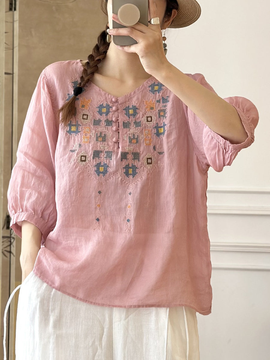CD | Doamnelor vară etnică broderie Ramie Shirt