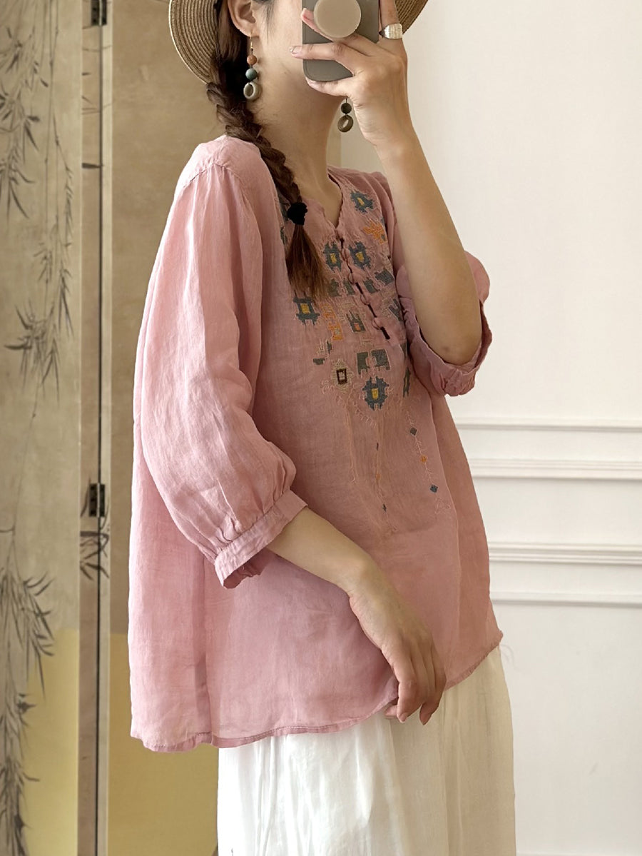 CD | Doamnelor vară etnică broderie Ramie Shirt