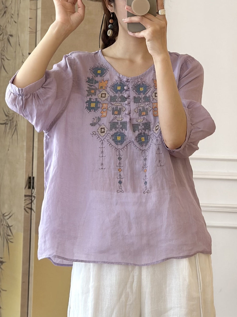 CD | Doamnelor vară etnică broderie Ramie Shirt