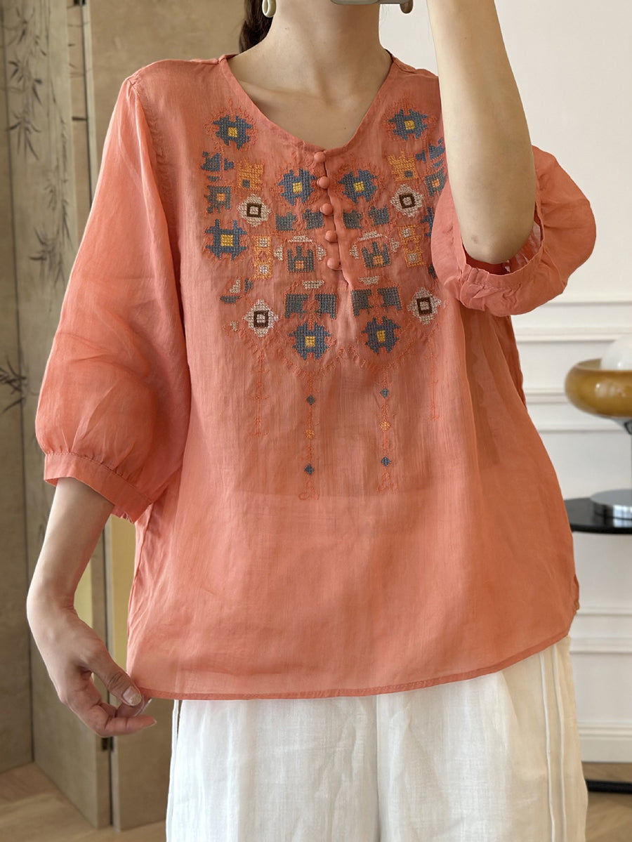 CD | Doamnelor vară etnică broderie Ramie Shirt
