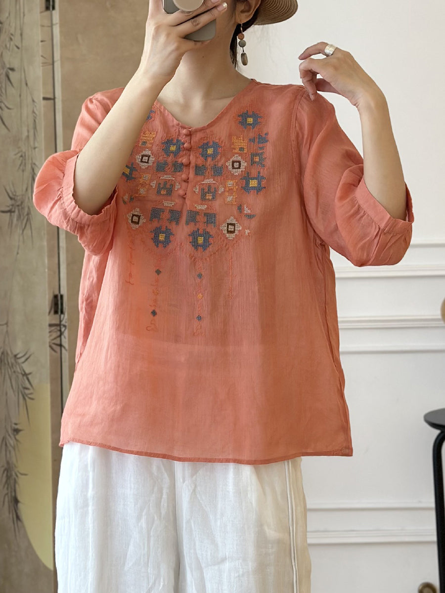 CD | Doamnelor vară etnică broderie Ramie Shirt
