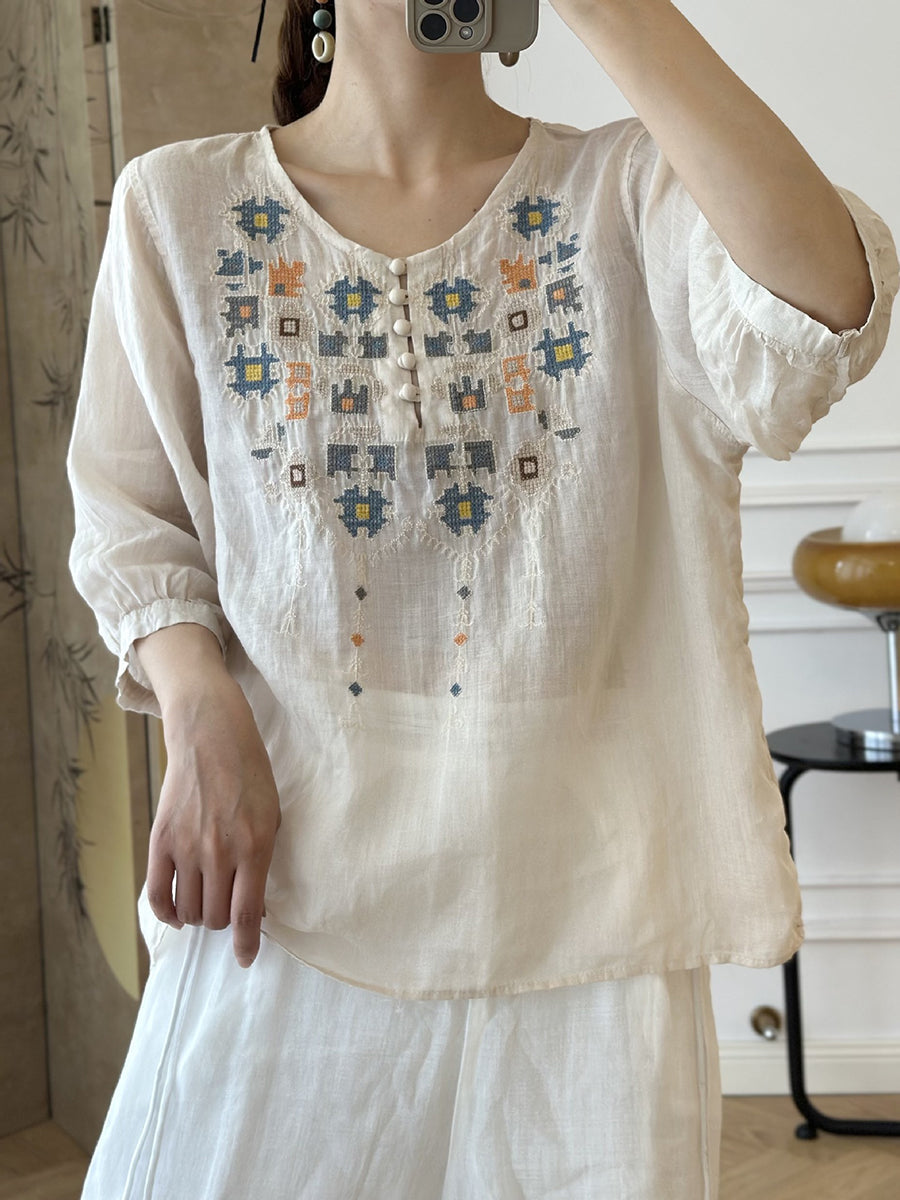 CD | Doamnelor vară etnică broderie Ramie Shirt