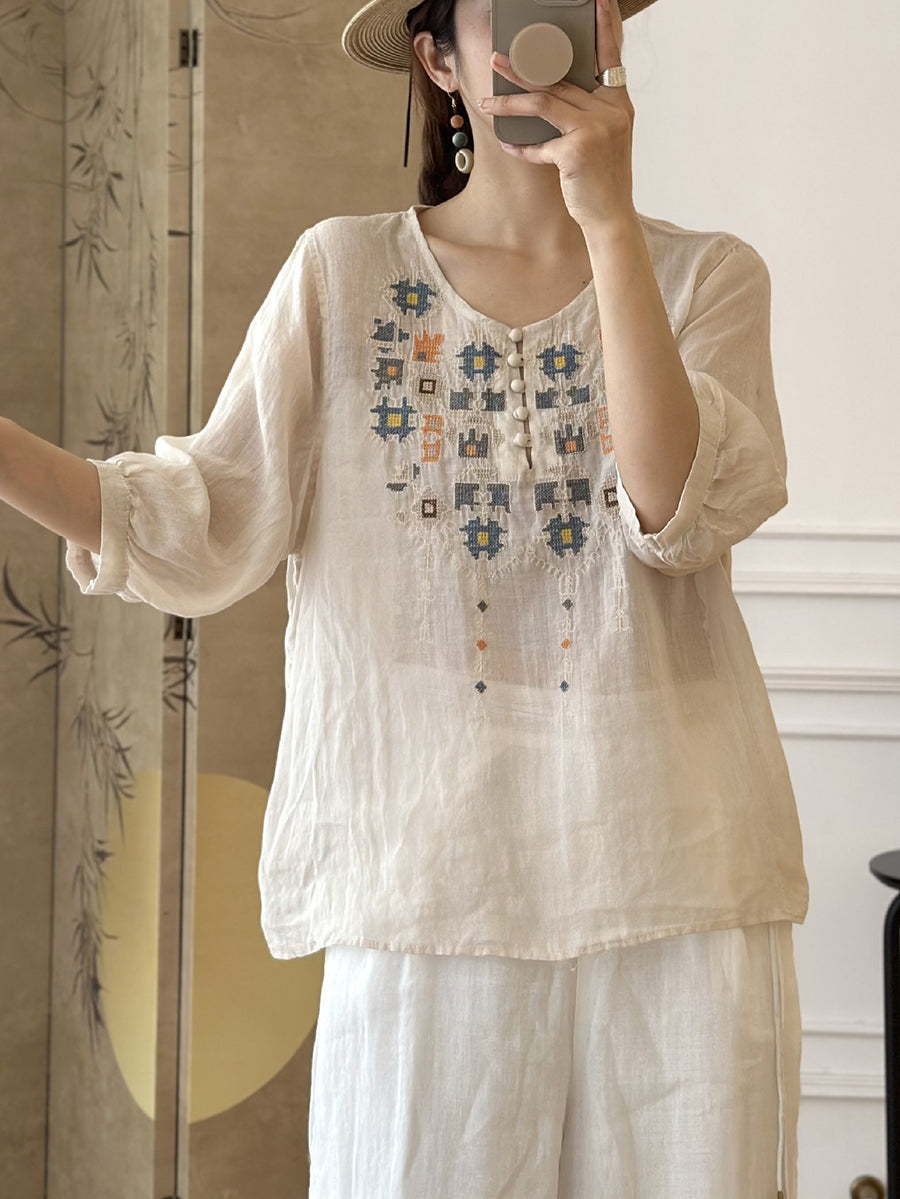 CD | Doamnelor vară etnică broderie Ramie Shirt