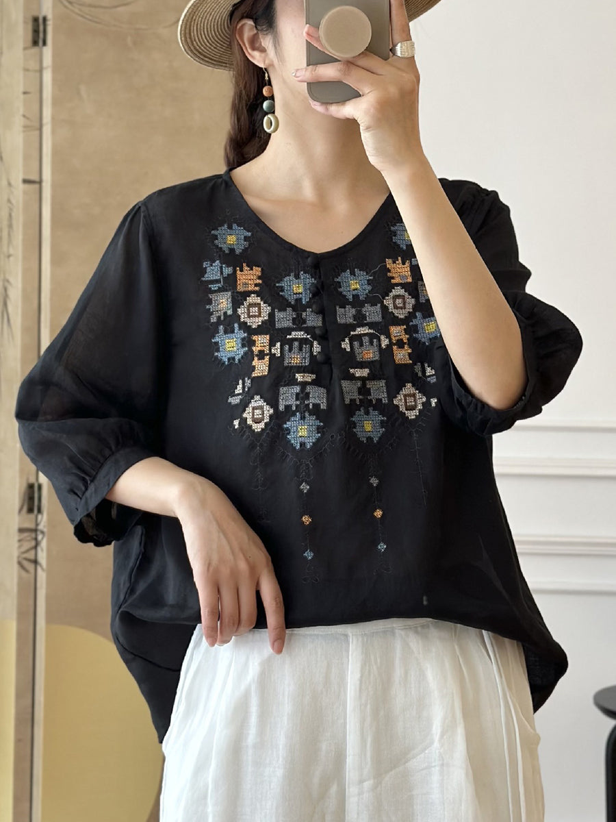 CD | Doamnelor vară etnică broderie Ramie Shirt