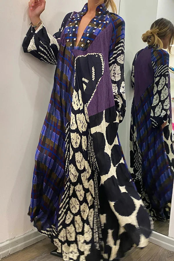 CD | Rhiane - Rochie maxi creativă cu mâneci lungi, imprimeu color block și buzunare