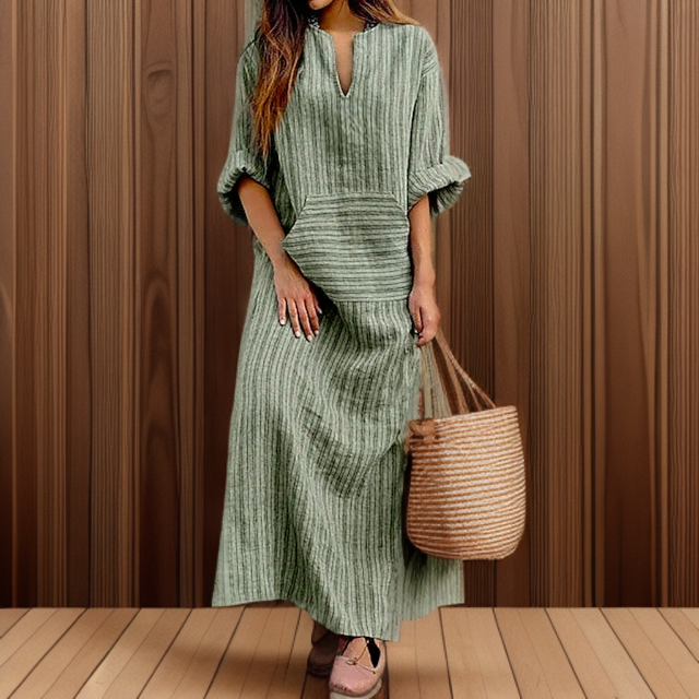 CD | Hailey┃Rochie maxi vintage cu decolteu în dungi