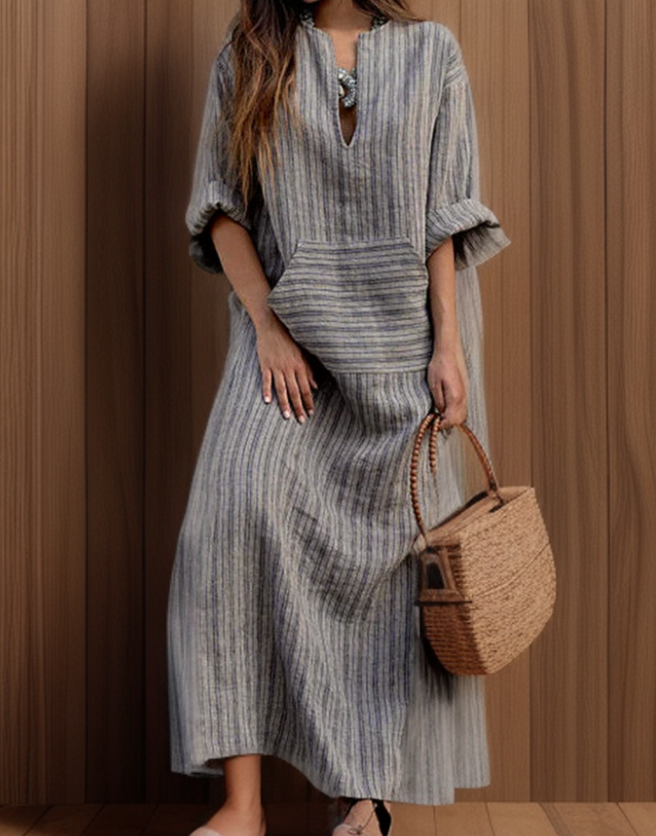 CD | Hailey┃Rochie maxi vintage cu decolteu în dungi
