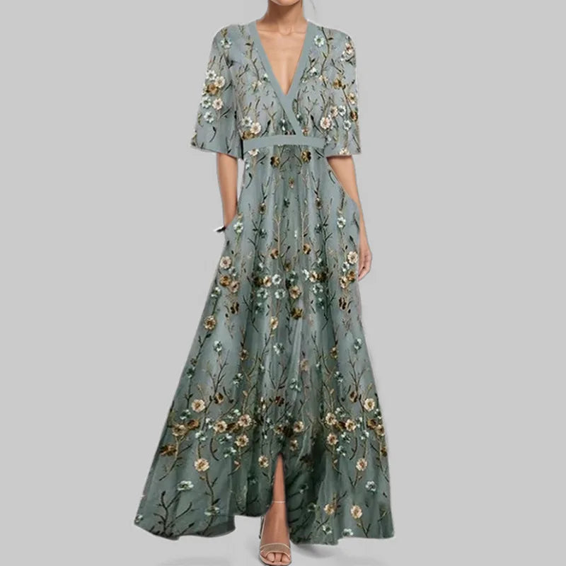 CD | Primăvară Vară Femei Fashion V Neck Belted Party Rochie lungă Sexy Print Boho Maxi Dresses Short Sleeve Bag Femlae Holiday
