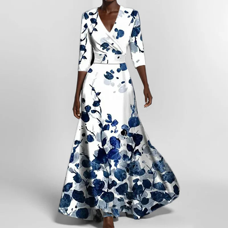 CD | Primăvară Vară Femei Fashion V Neck Belted Party Rochie lungă Sexy Print Boho Maxi Dresses Short Sleeve Bag Femlae Holiday