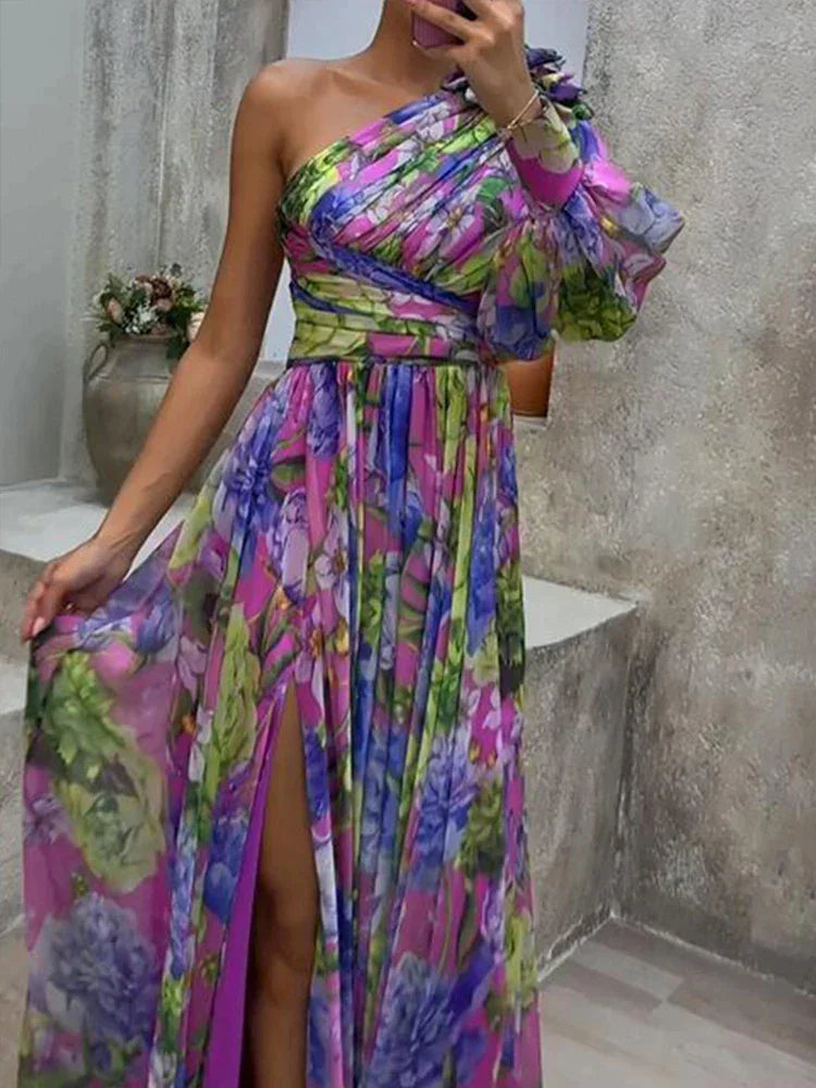 CD | Rochie maxi sexy mov cu fantă laterală și o singură mânecă