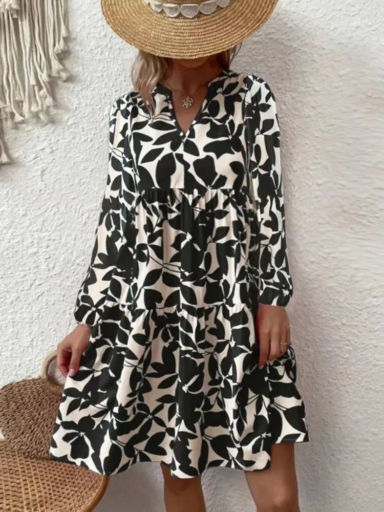 CD | 2024 Doamnelor de vară Elegant V-Neck plisat Linie Sundress Boho Print Mini rochie Casual Loose Oversize Beach Sundress