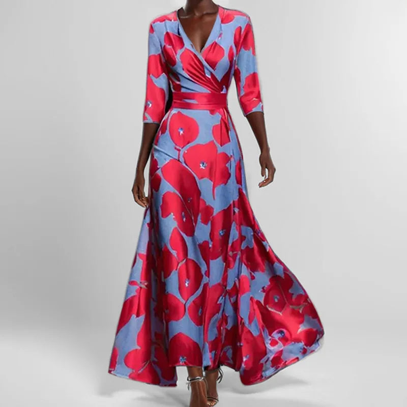 CD | Primăvară Vară Femei Fashion V Neck Belted Party Rochie lungă Sexy Print Boho Maxi Dresses Short Sleeve Bag Femlae Holiday