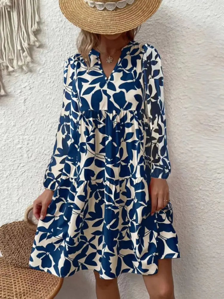 CD | 2024 Doamnelor de vară Elegant V-Neck plisat Linie Sundress Boho Print Mini rochie Casual Loose Oversize Beach Sundress