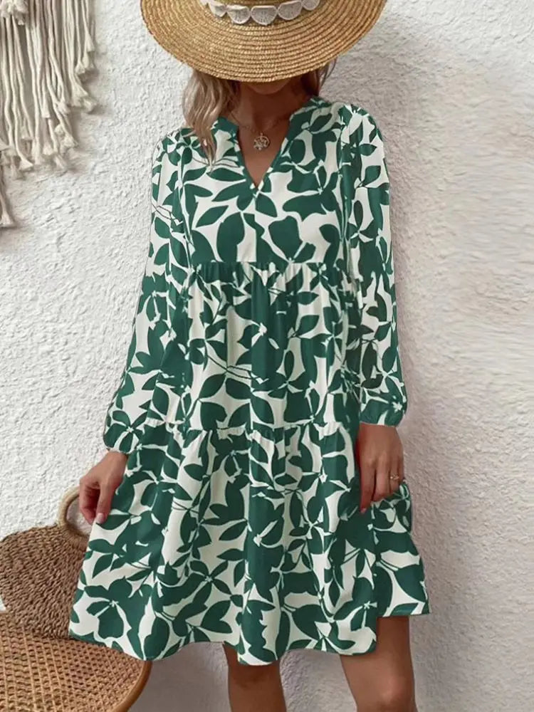 CD | 2024 Doamnelor de vară Elegant V-Neck plisat Linie Sundress Boho Print Mini rochie Casual Loose Oversize Beach Sundress