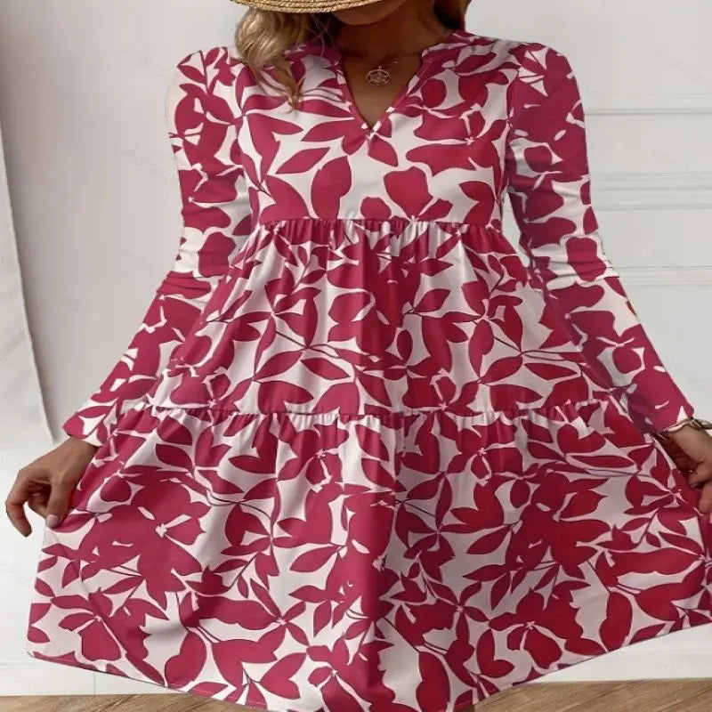 CD | 2024 Doamnelor de vară Elegant V-Neck plisat Linie Sundress Boho Print Mini rochie Casual Loose Oversize Beach Sundress