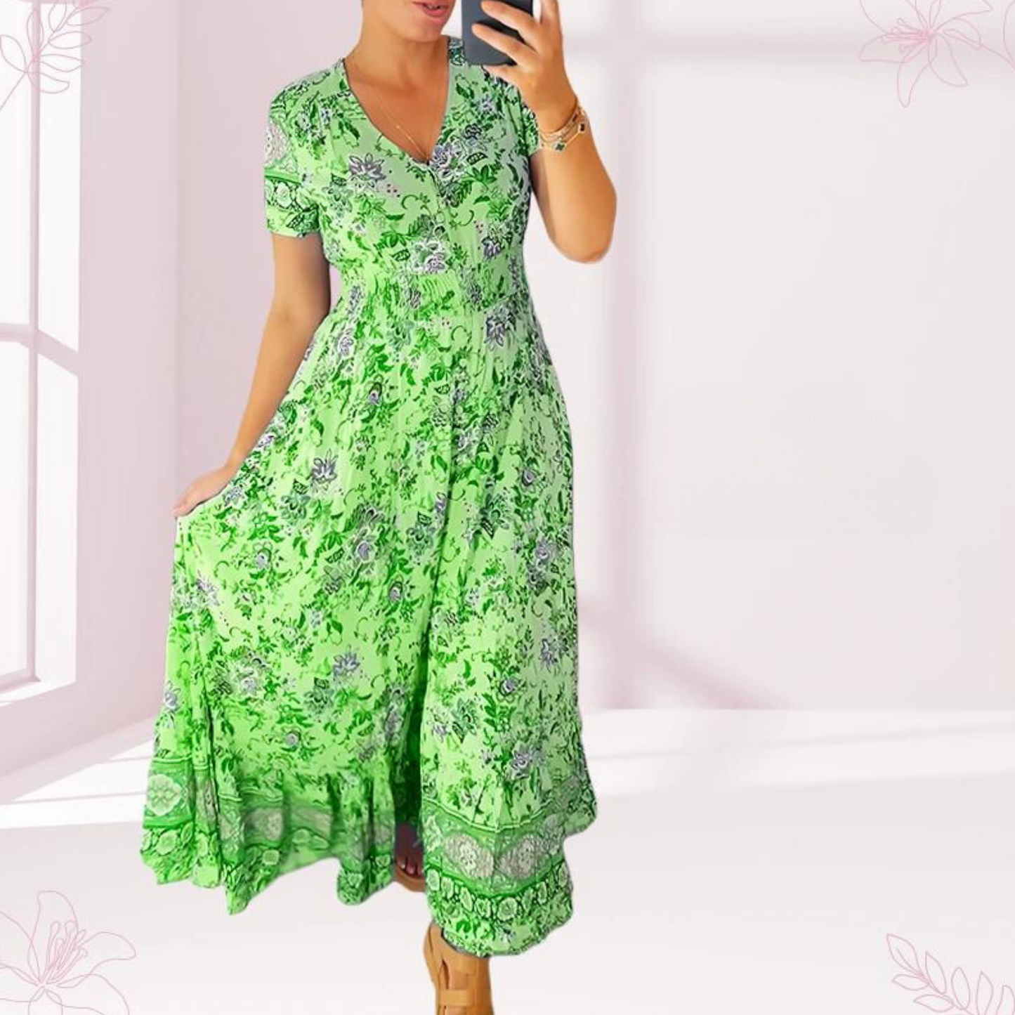 CD | Rochie lungă casual cu model floral, talie încrețită și decolteu în V