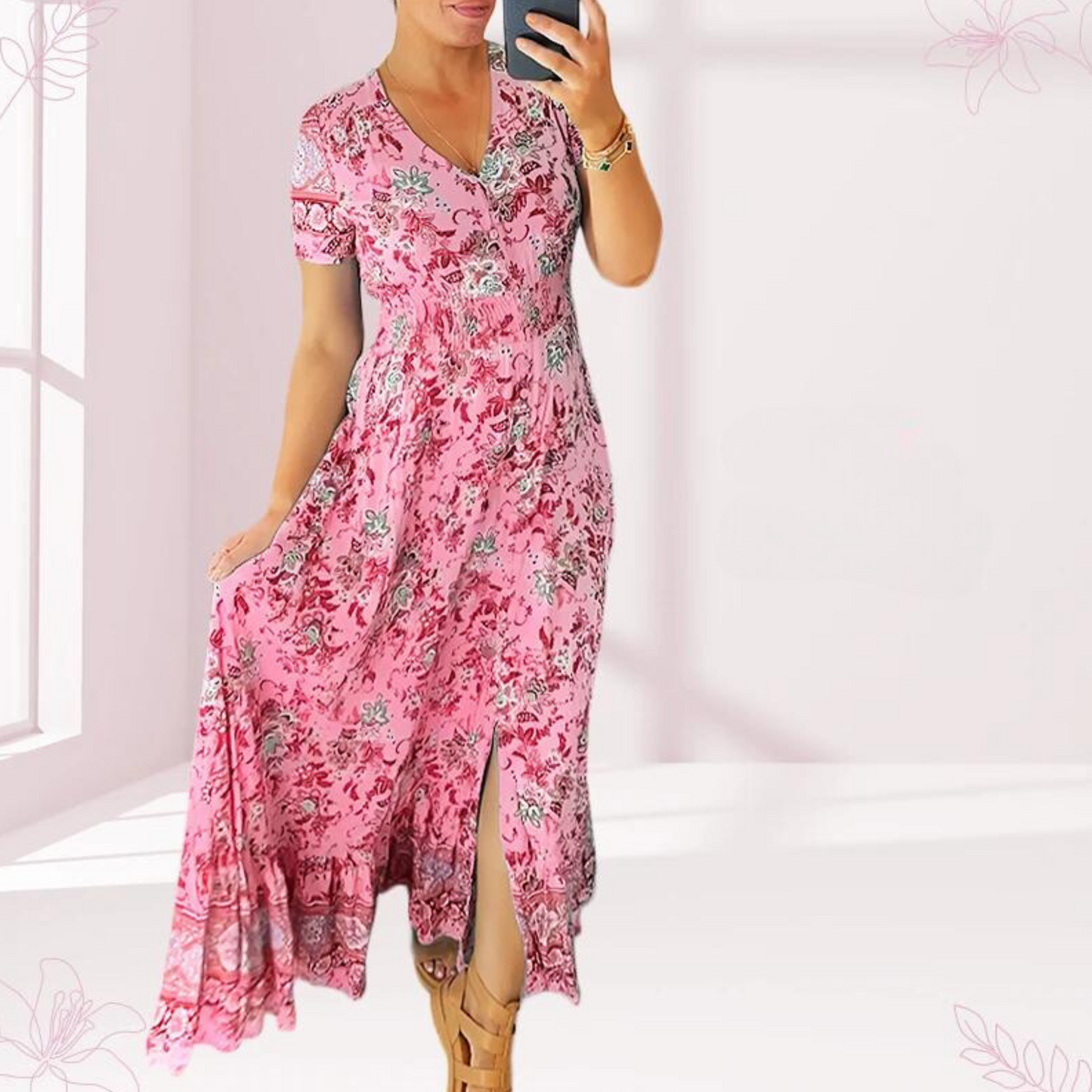 CD | Rochie lungă casual cu model floral, talie încrețită și decolteu în V