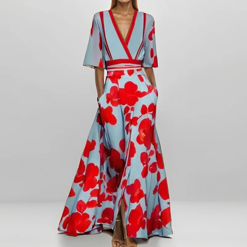 CD | Primăvară Vară Femei Fashion V Neck Belted Party Rochie lungă Sexy Print Boho Maxi Dresses Short Sleeve Bag Femlae Holiday