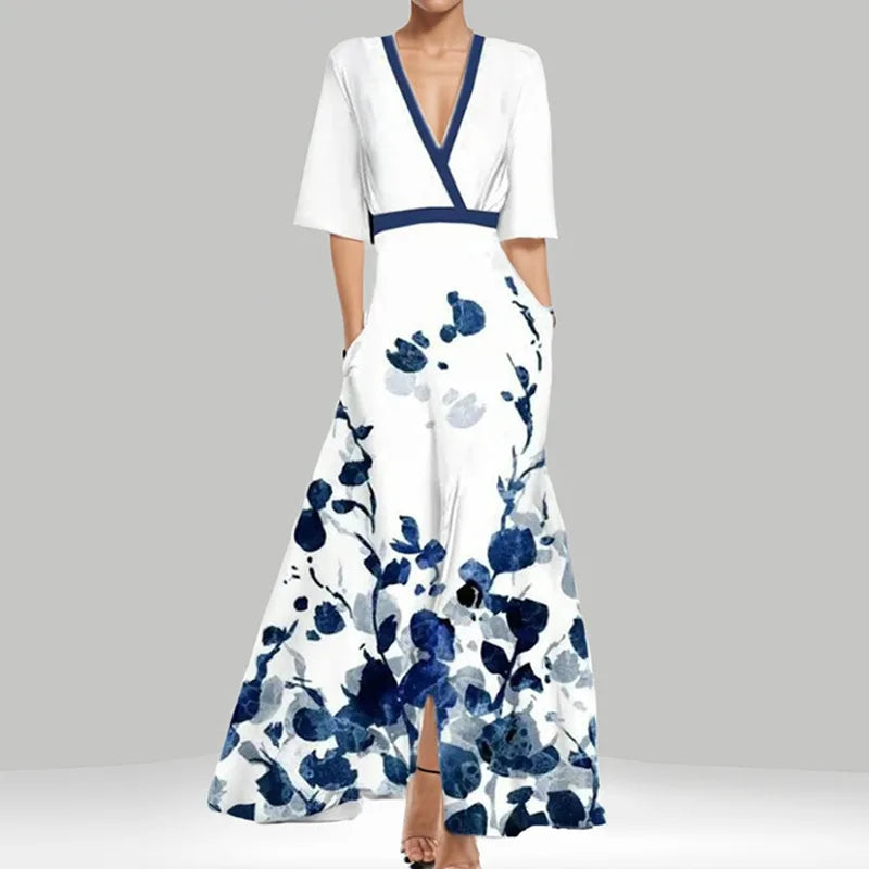 CD | Primăvară Vară Femei Fashion V Neck Belted Party Rochie lungă Sexy Print Boho Maxi Dresses Short Sleeve Bag Femlae Holiday