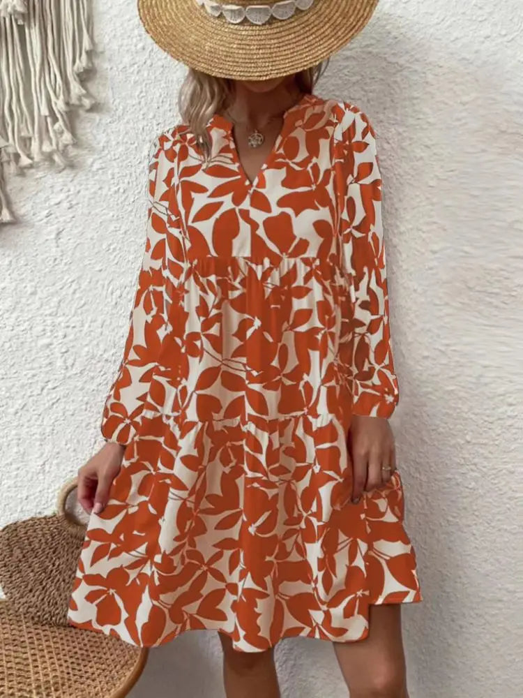 CD | 2024 Doamnelor de vară Elegant V-Neck plisat Linie Sundress Boho Print Mini rochie Casual Loose Oversize Beach Sundress