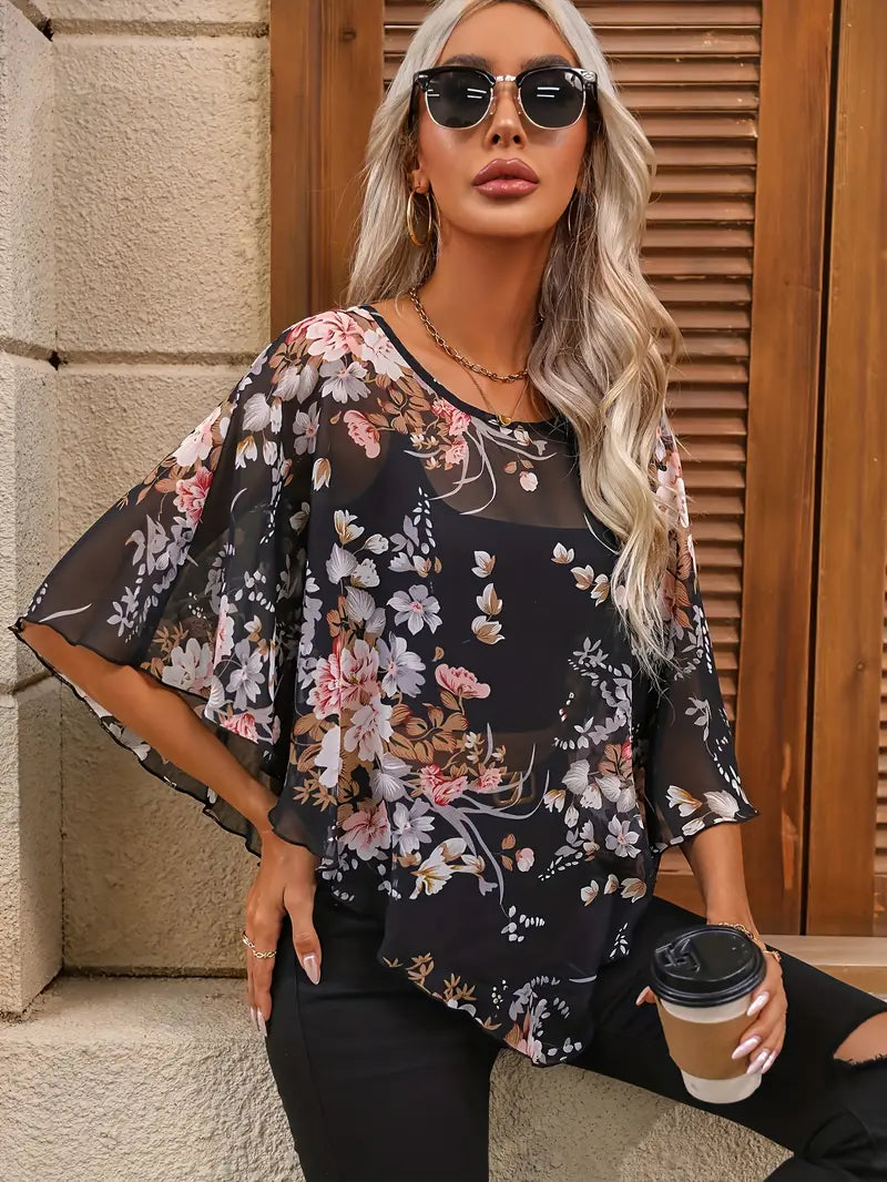 CD | Bluză asimetrică elegantă cu imprimeu floral
