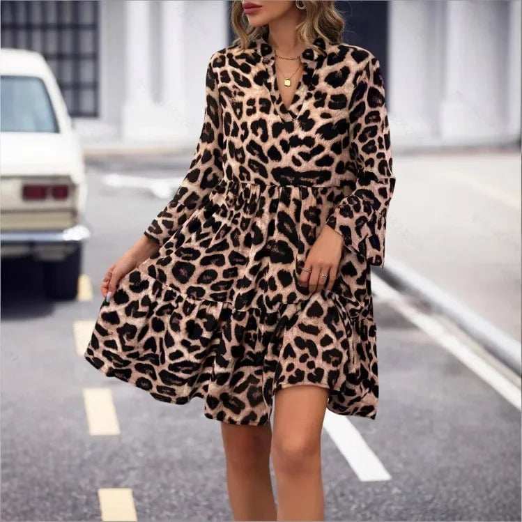 CD | Rochie mini cu mâneci lungi, cu decolteu în V și imprimeu leopard