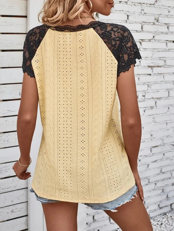 CD | Tricou Raglan cu mâneci din dantelă contrastante