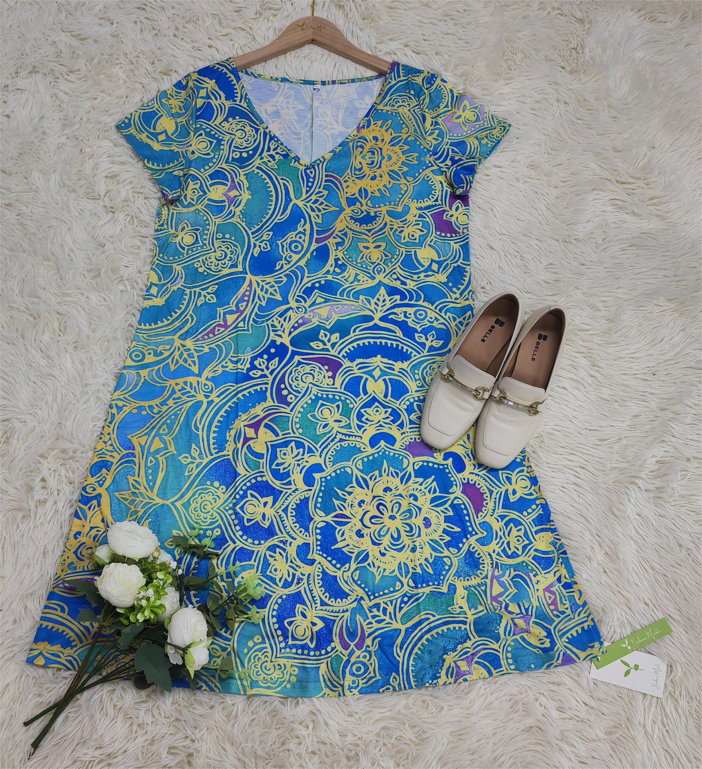 CD | Rochie mini până la genunchi, albastru ocean, cu imprimeu mandala și mâneci scurte
