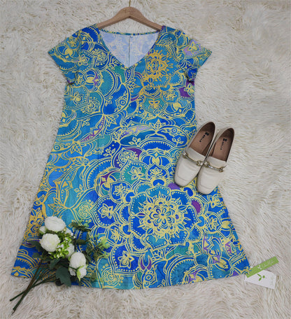 CD | Rochie mini până la genunchi, albastru ocean, cu imprimeu mandala și mâneci scurte