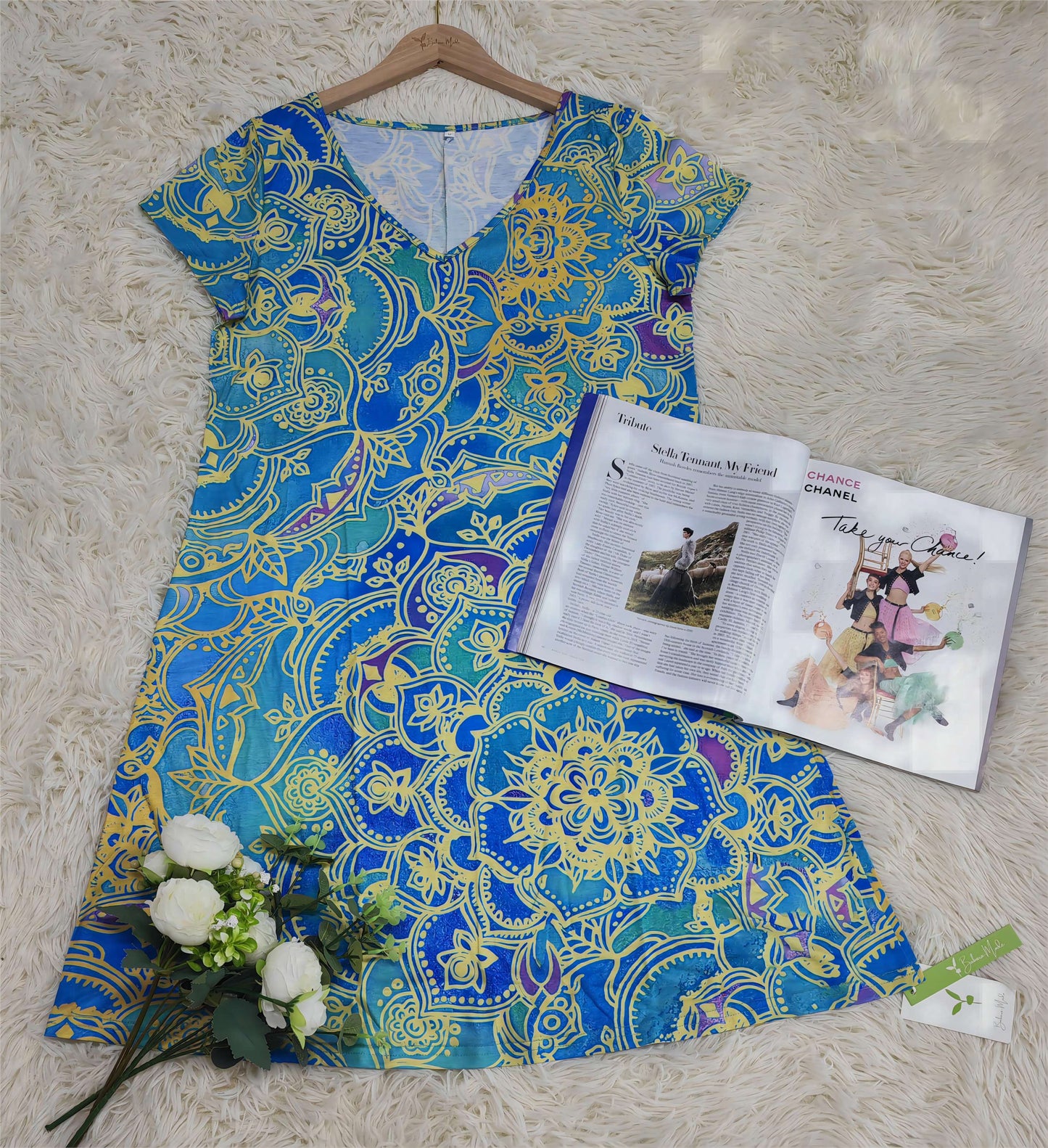 CD | Rochie mini până la genunchi, albastru ocean, cu imprimeu mandala și mâneci scurte