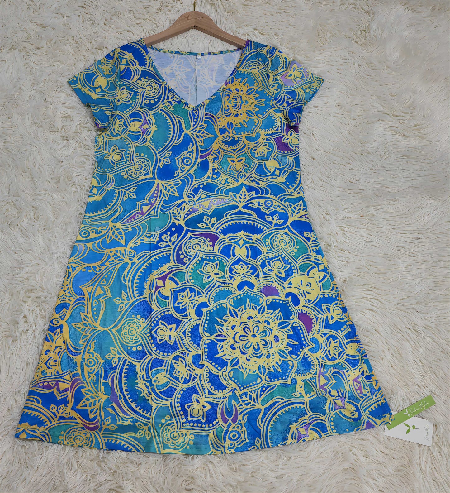 CD | Rochie mini până la genunchi, albastru ocean, cu imprimeu mandala și mâneci scurte
