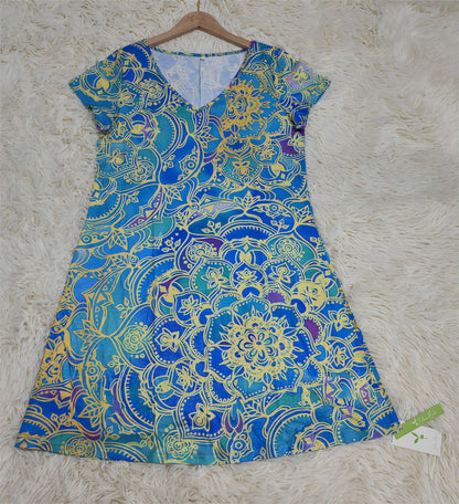 CD | Rochie mini până la genunchi, albastru ocean, cu imprimeu mandala și mâneci scurte
