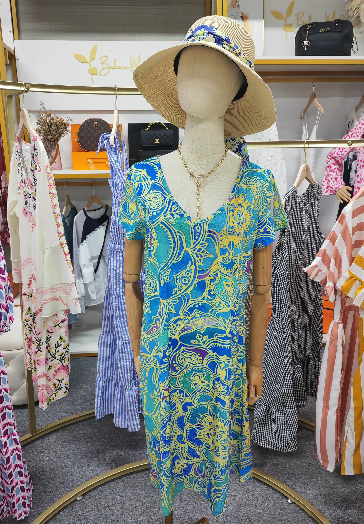 CD | Rochie mini până la genunchi, albastru ocean, cu imprimeu mandala și mâneci scurte