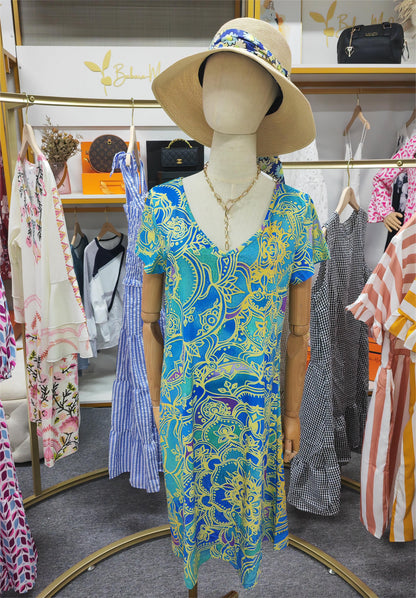 CD | Rochie mini până la genunchi, albastru ocean, cu imprimeu mandala și mâneci scurte
