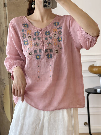CD | Doamnelor vară etnică broderie Ramie Shirt