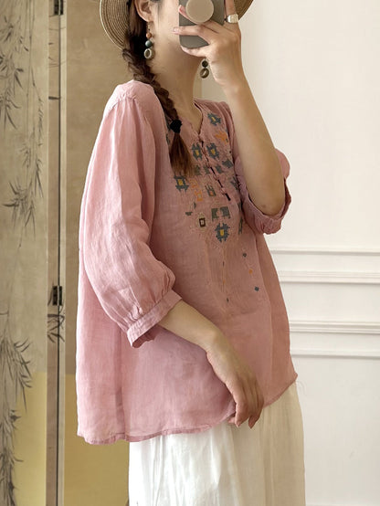 CD | Doamnelor vară etnică broderie Ramie Shirt