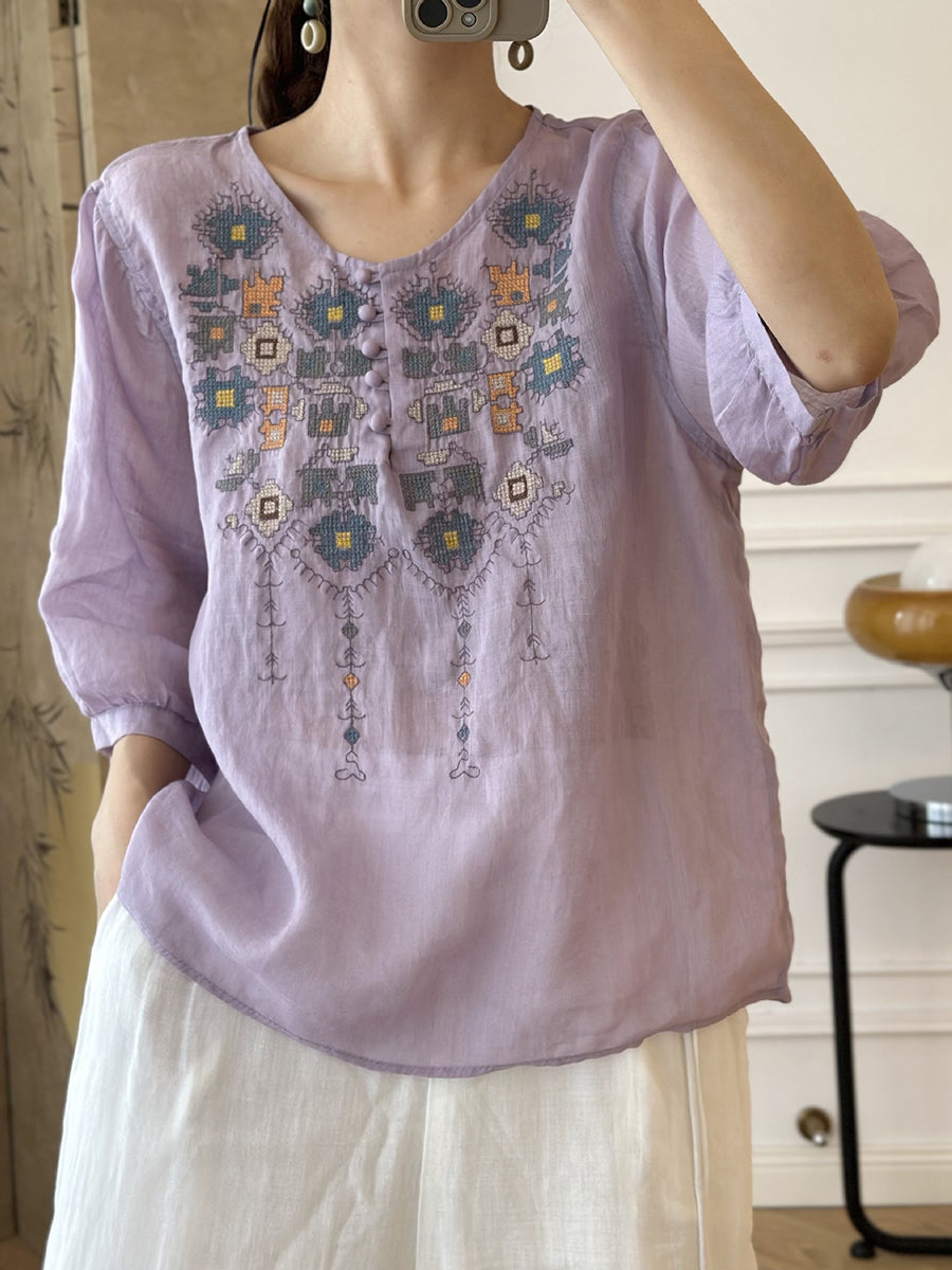 CD | Doamnelor vară etnică broderie Ramie Shirt