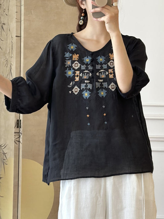 CD | Doamnelor vară etnică broderie Ramie Shirt