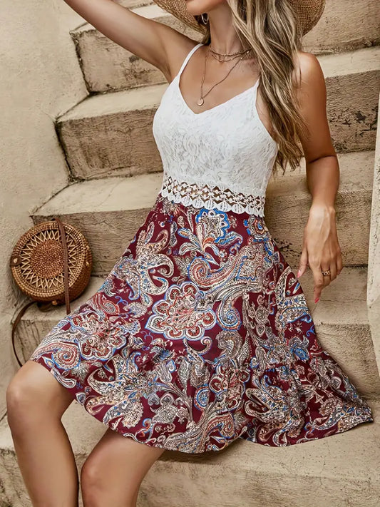 CD | Rochie cami din dantelă contrastantă cu imprimeu floral