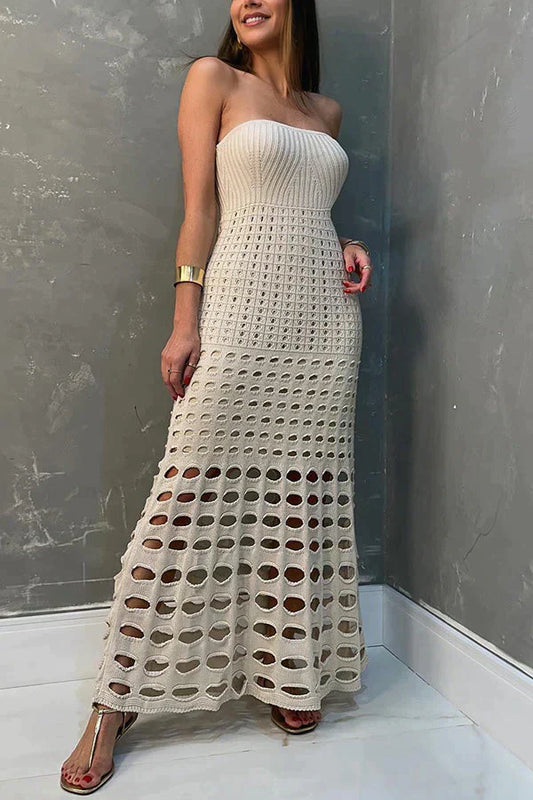 CD | Rochie maxi rustică fără umeri cu patchwork și decupaje