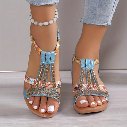 CD | Boho glam rhinestone împletit sandale wedge
