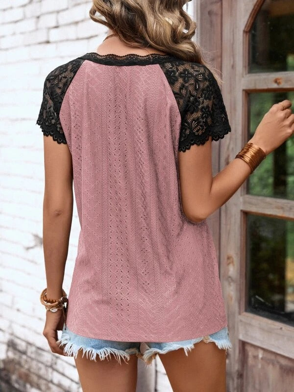 CD | Tricou Raglan cu mâneci din dantelă contrastante