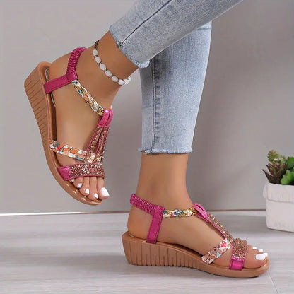 CD | Boho glam rhinestone împletit sandale wedge