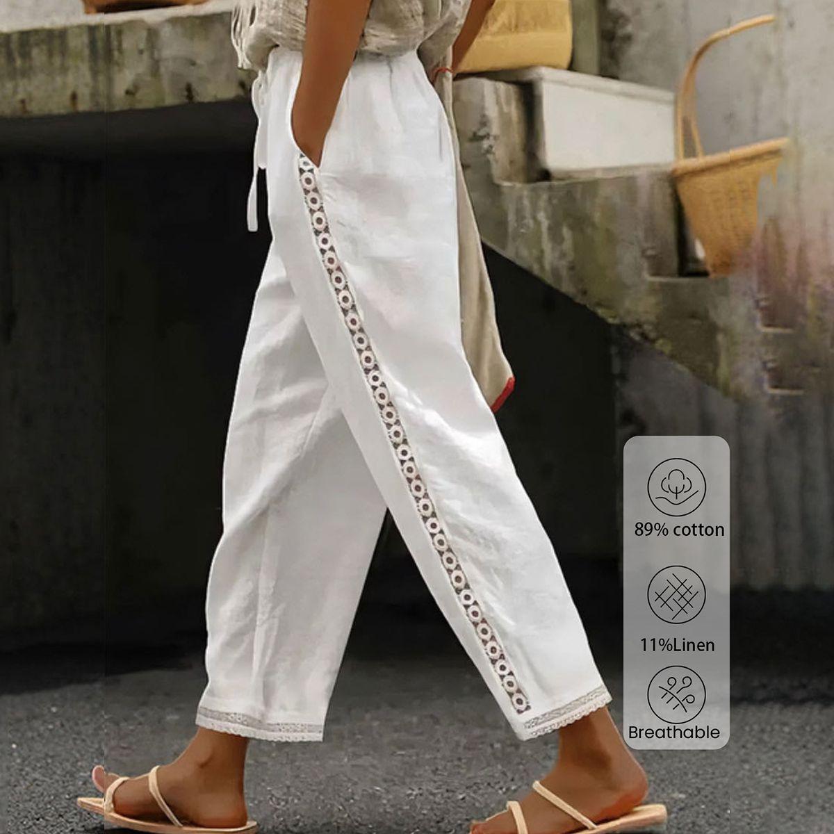 CD | Pantaloni boho albi cu cordon