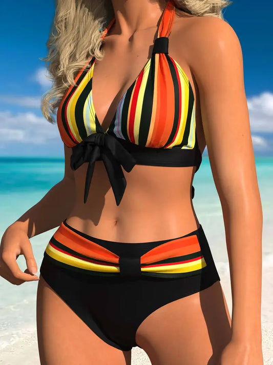 CD | Bikini halter cu dungi colorate cu cordon