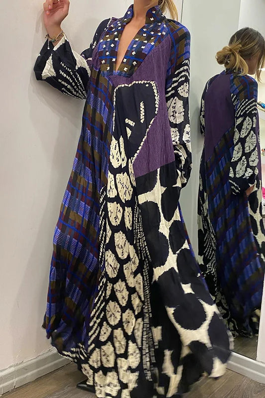 CD | Rhiane - Rochie maxi creativă cu mâneci lungi, imprimeu color block și buzunare