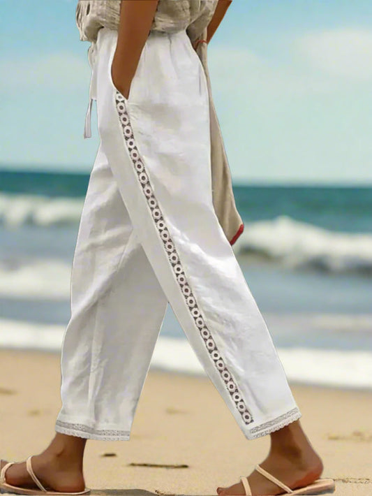CD | Pantaloni boho albi cu cordon