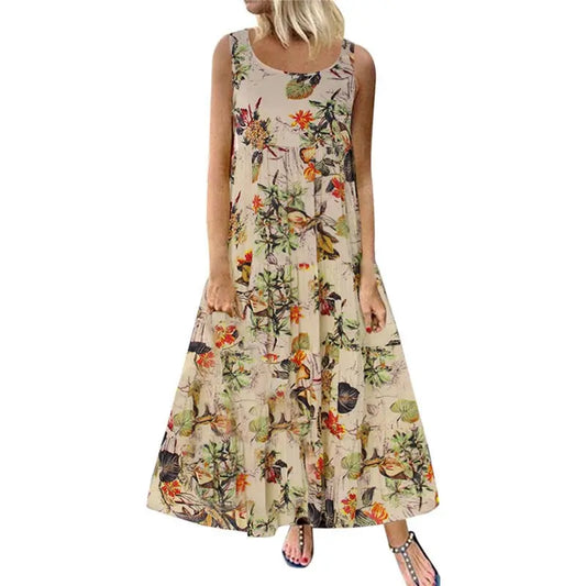 CD | Jocoo Jolee Bohemian Maxi Rochie Femei Casual Vintage fără mâneci O gât Floral Print Loose rochie lungă Oversized Beach Sundress