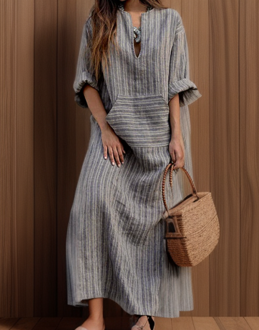 CD | Hailey┃Rochie maxi vintage cu decolteu în dungi